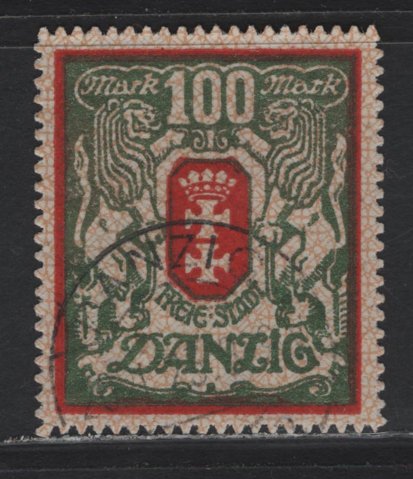 Lot 290 Danzig SC#95b (Michel# 101y) 100m Metallic Green & Red Arms, A Very Fine Used Single, CTO Cancel