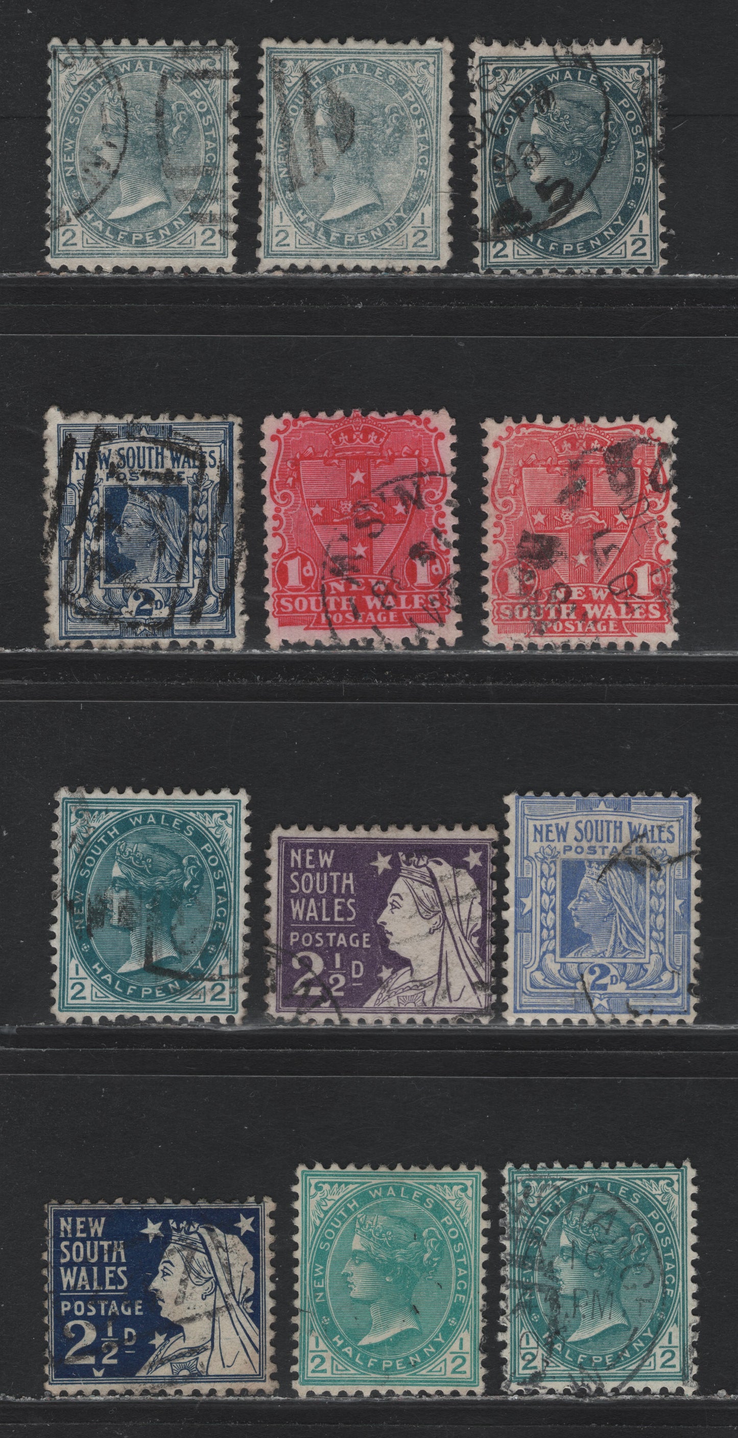Lot 29 Austalia - New South Wales (C) SG#271c/315 1/2d-2.5d  1892-1903 Surface Printed Sideface Issue, 12 Fine & VF Used Singles Perf 12, 11 x 12, 11.5 x 12 and 12 x 11.5, Wmk Large Crown Over NSW With Both 1 mm and 2 mm Gap Between Crown & NSW