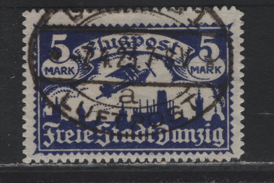 Lot 293 Danzig SC#C15 (Michel# 116) 5m Violet Blue , 1921-1922 Airmail Issue, A Very Fine Used Single, Webbing Wmk, Serrate Roulette 13.5, Genuine Postally Used With April 7 1924, Danzig Luftpost Oval Cancel.