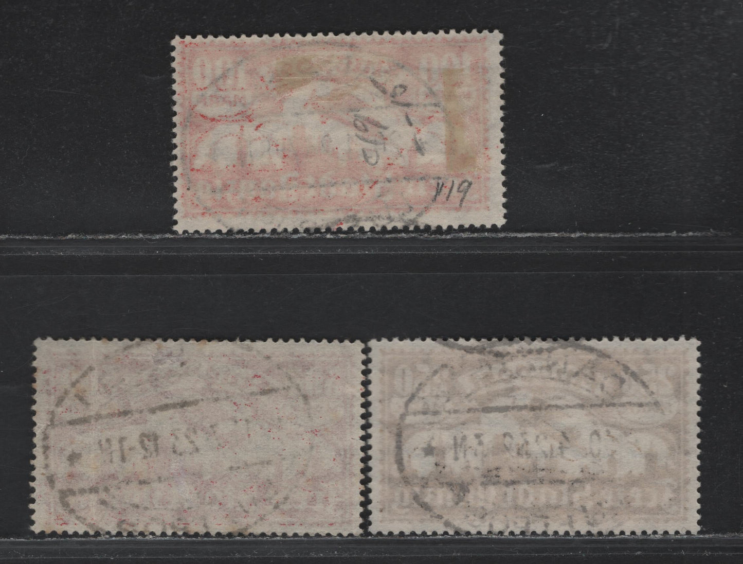 Lot 296 Danzig SC#C19-C21 (Michel# 135-137) 100m - 500m Red - Carmine Rose , 1923 Airmail Issue, 3 Fine/Very Fine Used Singles, Webbing Wmk, CTO Cancel on 100m (Dated Prior To Feb 5 Issue Date), Genuine Danzig 1 Luftpost Oval Cancels.
