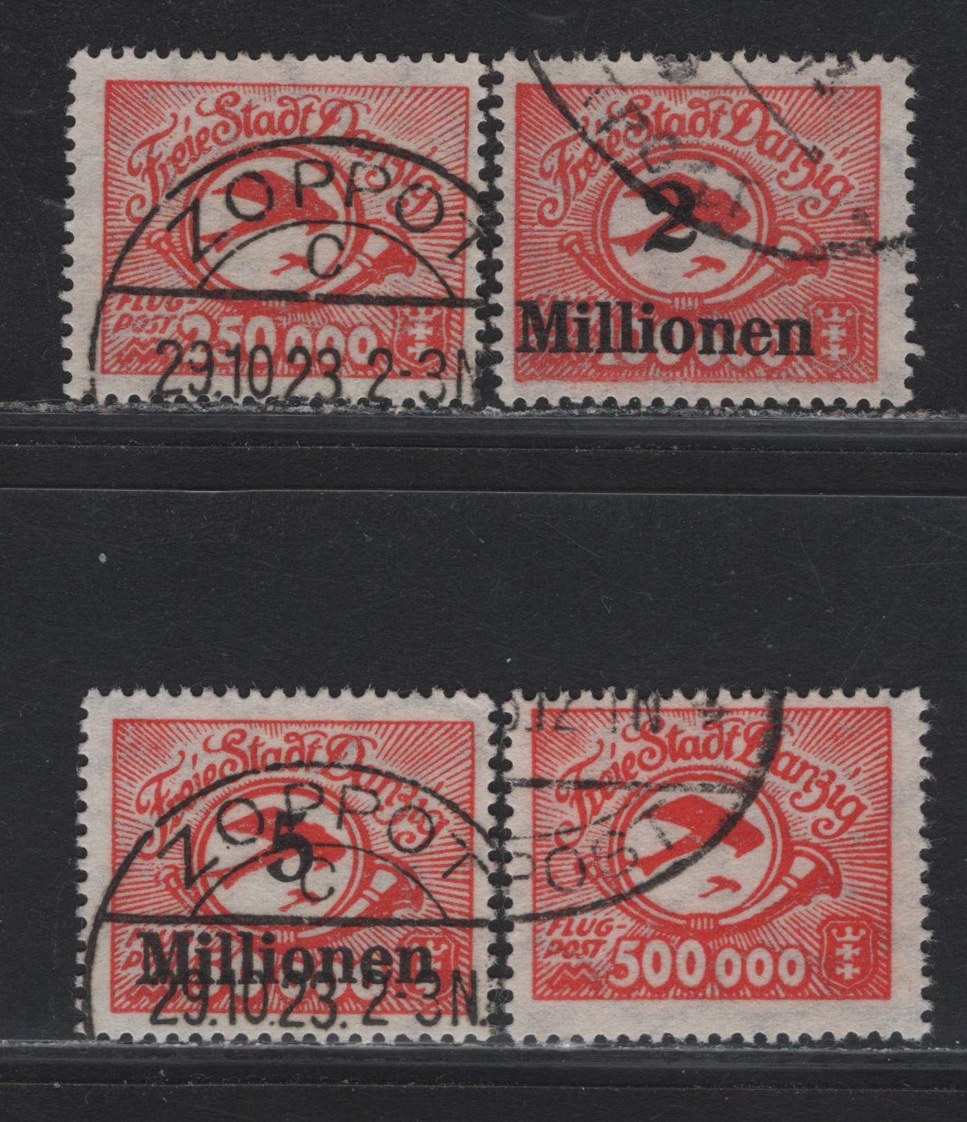 Lot 297 Danzig SC#C22-C25 (Michel# 177-180) 250,000m - 5m1m Scarlet , 1923 Airmail Issue, 3 Fine Used Singles, CTO On All But The 500,000m, Which Appears To Have An Oval Luftpost Cancel