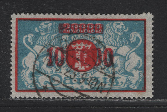 Lot 300 Danzig SC#126 100,000m on 20,000m Pale Blue & Red , 1923 Surcharged Arms Issue, A Very Fine Used Single, Genuine Danzig Postal Cancel, Dated Sept 10 1923 (Issued August 14)