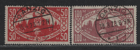 Lot 301 Danzig SC#B4-B5 50m+20m - 100m+30m Lake - Red Violet , 1923 Pensioner Semi Postal Issue, 2 Fine Used Singles, Genuine Postal Cancels, Dated March 19 & April 15 1923