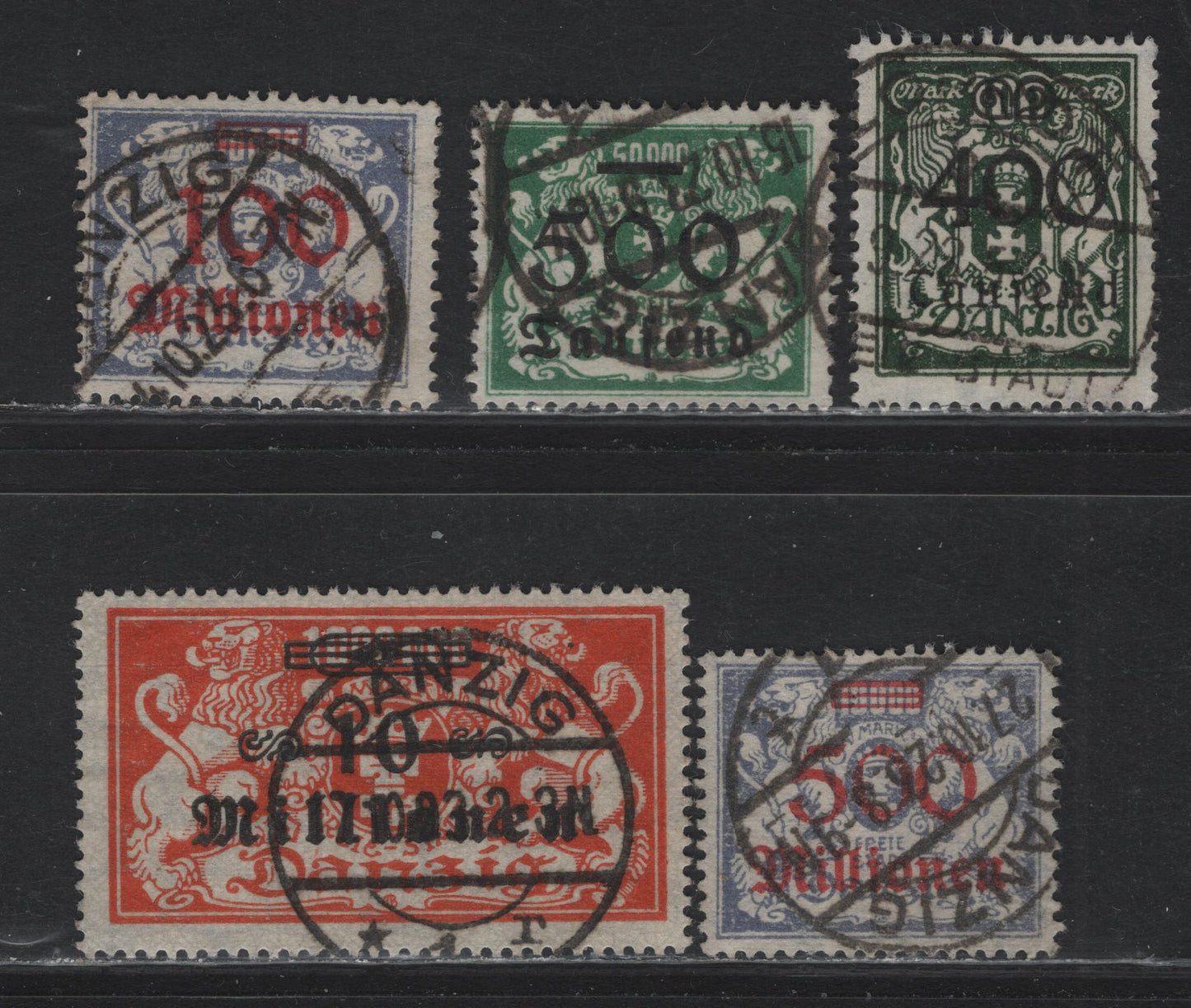 Lot 303 Danzig SC#140, 141, 143, 153, 155 (Michel #161-162, 168, 174, 176) 400th m On 100m - 500mil m On 10,000m Bronze Green - Grey Lilac Arms, 1923 Surcharges, 5 Fine & VF Used Singles 400th Is CTO, Others Are Postal Cancels