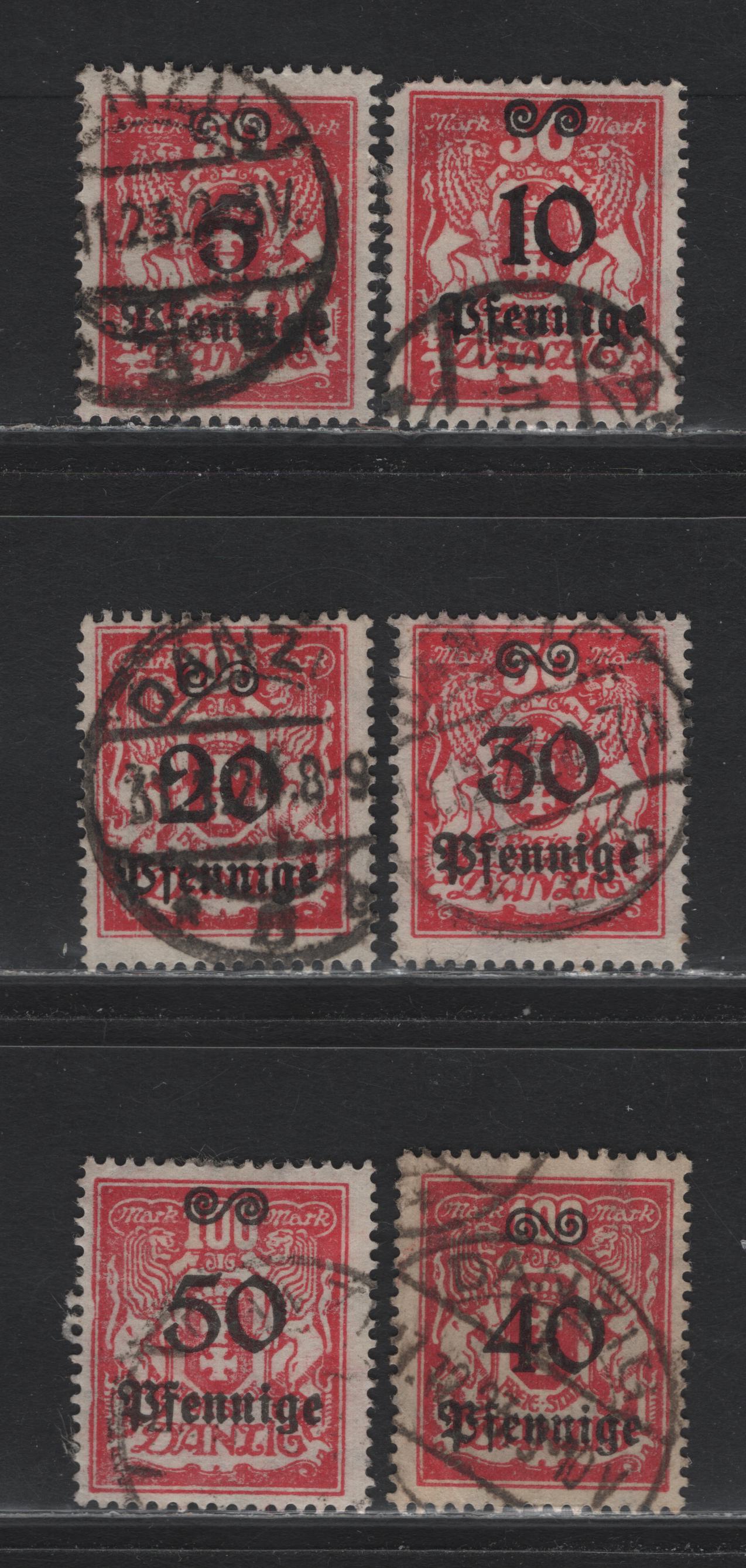 Lot 305 Danzig SC#156-158, 160-162 (Michel #181-183, 185-187) 5pf on 50m - 50pf on 100m Lilac Red Arms, 1923 Currency Reset Surcharges, 6 Fine Used Singles All Likely Postal Cancels Except 50pf