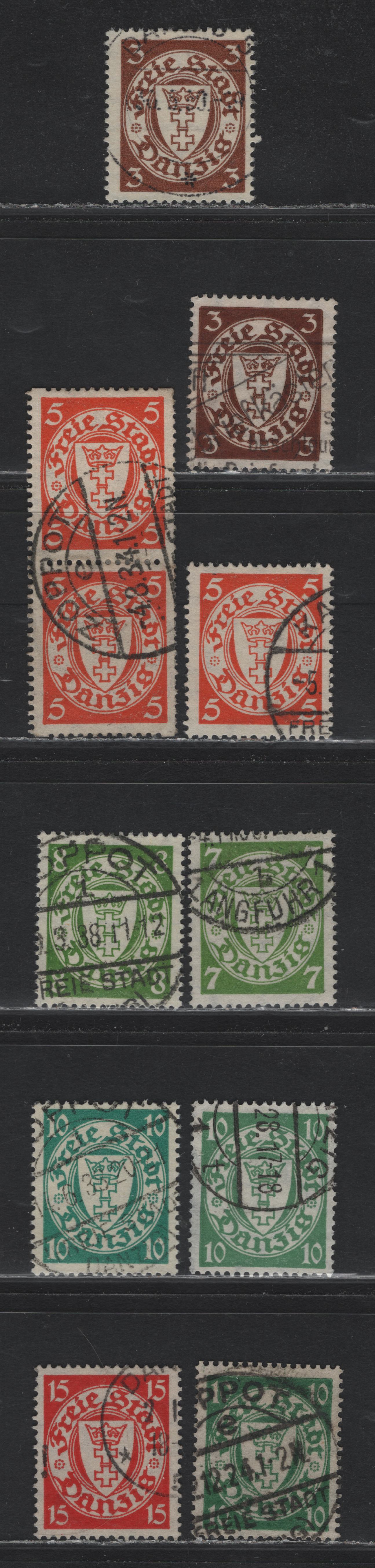 Lot 311 Danzig SC#168-a/176 (Michel #216x-y/272a) 3pf-10pf Brown - Blue Green Arms, 1924-1937 Arms Definitive Issue, 9 Fine & VF Used Singles & 1 Pair Various Papers, Including Scarce Blackish Yellow Green Shade Of 7pf