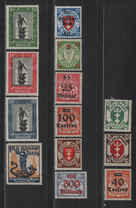 Lot 320 Danzig SC#82/B8b 80pf-25pf Green - Dark Grey Blue & Black Arms - Neptune Foutain, 1922 Arms Definitive Issue - 1929 Danzig Philatelic Exhibition Issue, 12 Fine & VFOG Singles B8b Has Been Verified Against Michel's Colour Key