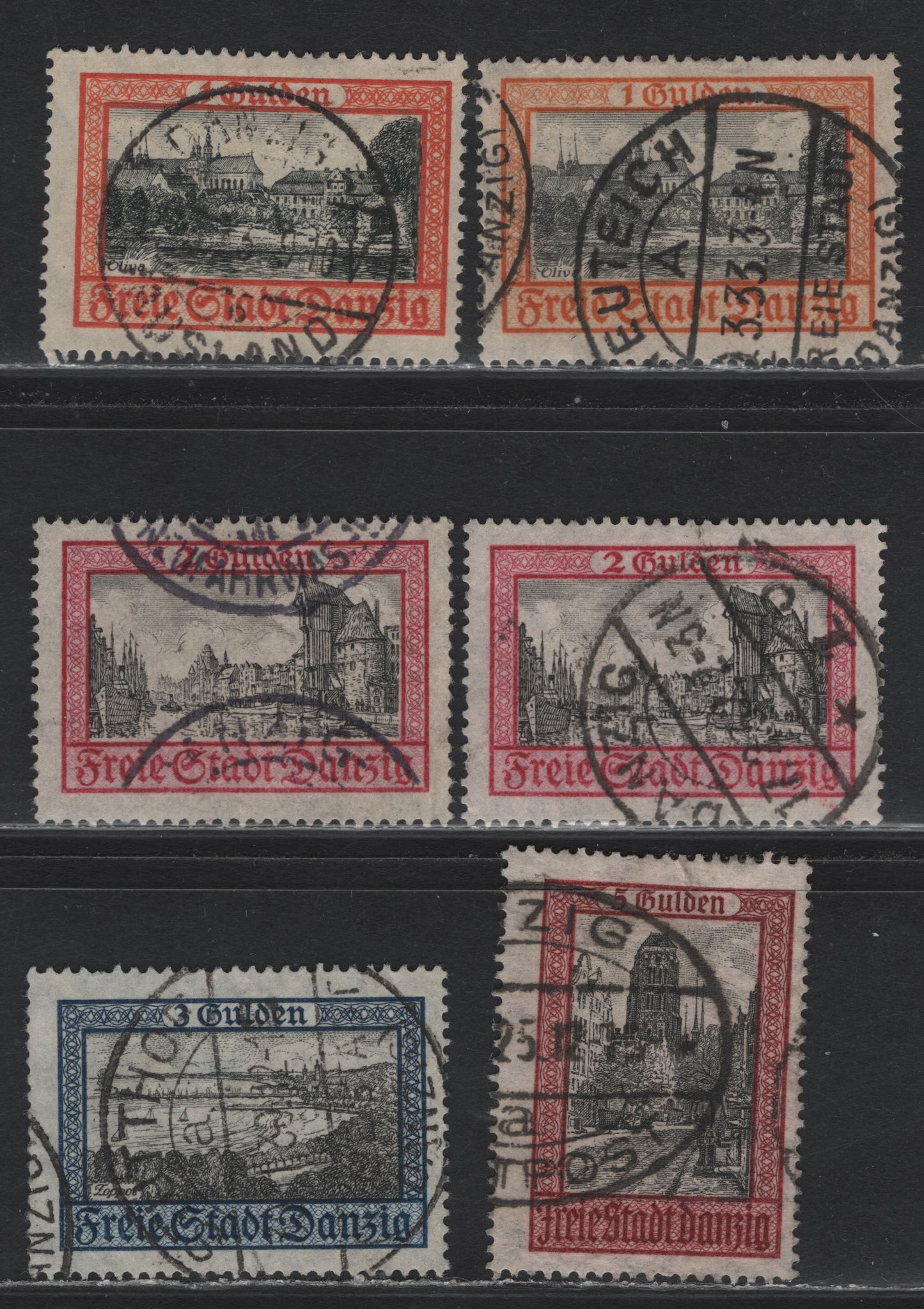 Lot 322 Danzig SC#194/198 (Michel #209/213) 1g-5g Orange & Grey Black, Red Orange & Black, Rose & Black, Dark Blue & Black & Brown Red & Black, 1924-1932 Landmark High Value Definitives, 6 Fine & VF Used Singles Small Wrinkle In Top Margin Of 5g