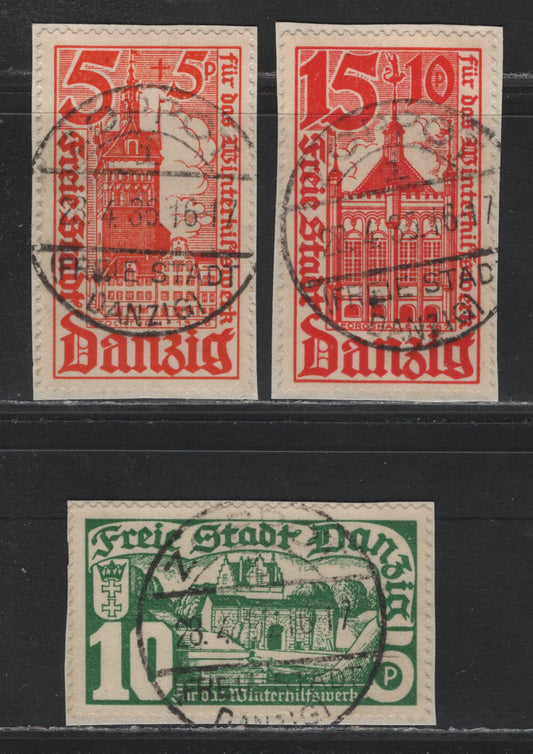Lot 324 Danzig SC#B12-B14 (Michel #256-258) 5pf + 5pf - 15pf + 10pf Orange - Scarlet Stock Tower - City Gate, 1935 Winter Welfare Semi Postal Issue, 3 VF Used Singles All Tied To Small Pieces