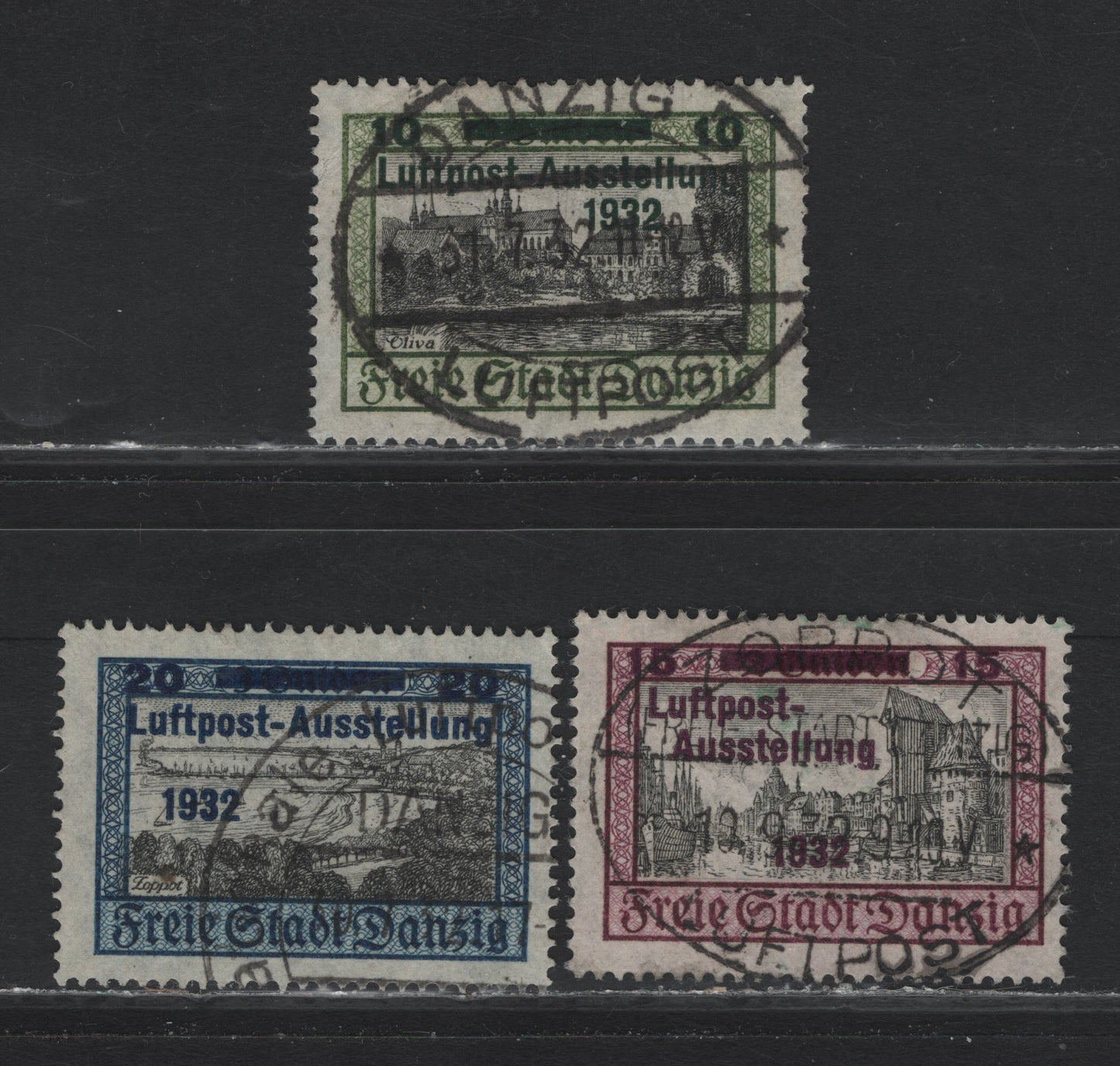 Lot 325 Danzig SC#C31-C33 (Michel #231-233) 10pf on 1g - 20pf on 3g Yellow Green & Black - DarkBlue & Black Oliva Castle & Cathedral - Mottlau River & Krantor, 1932 Airmail Surcharges, 3 VF Used Singles Light Corner Bend On 10pf, Not A Full Crease