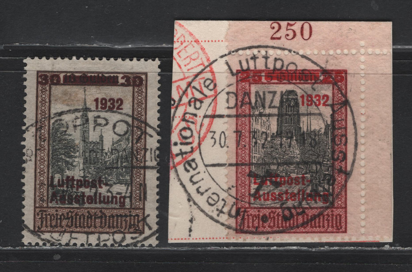 Lot 326 Danzig SC#C34-C35 (Michel #234-235) 25pf on 5g & 30pf on 10g Brown Red & Black & Dark Brown & Black St. Mary's Church & Council Chamber On The Langenmarkt, 1932 Airmail Surcharges, 2 Fine & VF Used Singles