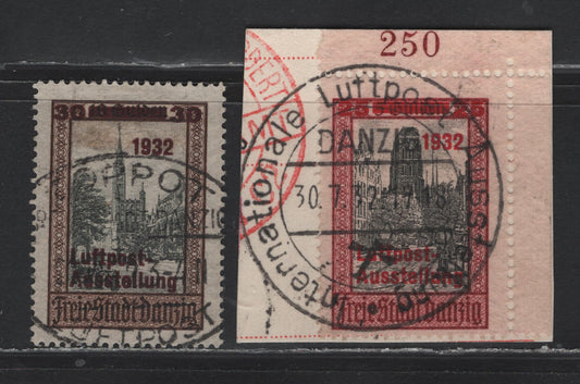 Lot 326 Danzig SC#C34-C35 (Michel #234-235) 25pf on 5g & 30pf on 10g Brown Red & Black & Dark Brown & Black St. Mary's Church & Council Chamber On The Langenmarkt, 1932 Airmail Surcharges, 2 Fine & VF Used Singles