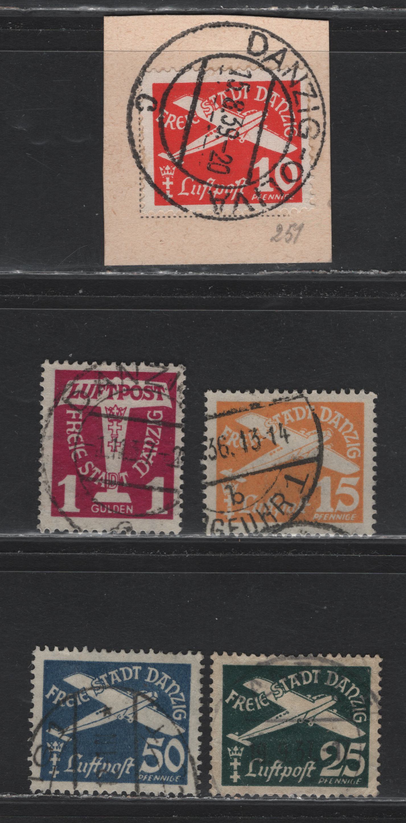 Lot 327 Danzig SC#C36-C40 (Michel #251-255) 10pf - 1g  Scarlet - Magenta Airplane, 1935 Airmail Issue, 5 Fine & VF Used Singles Wmk Webbing