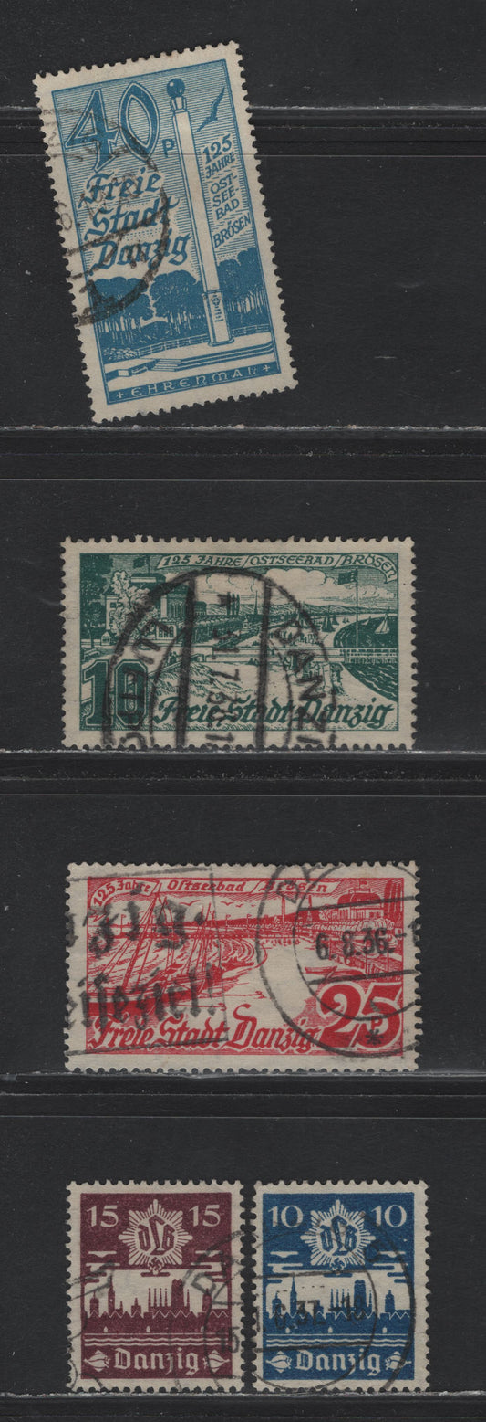 Lot 329 Danzig SC#216-220 (Michel #259b-261, 267-268) 10pf-15pf Dark Blue Green - Violet Brown Bathing Beach, Brosen - Skyline of Danzig, 1936 125th Anniversity of Brosen Issue - 1937 Air Defense League Issue, 5 Fine & VF Used Singles