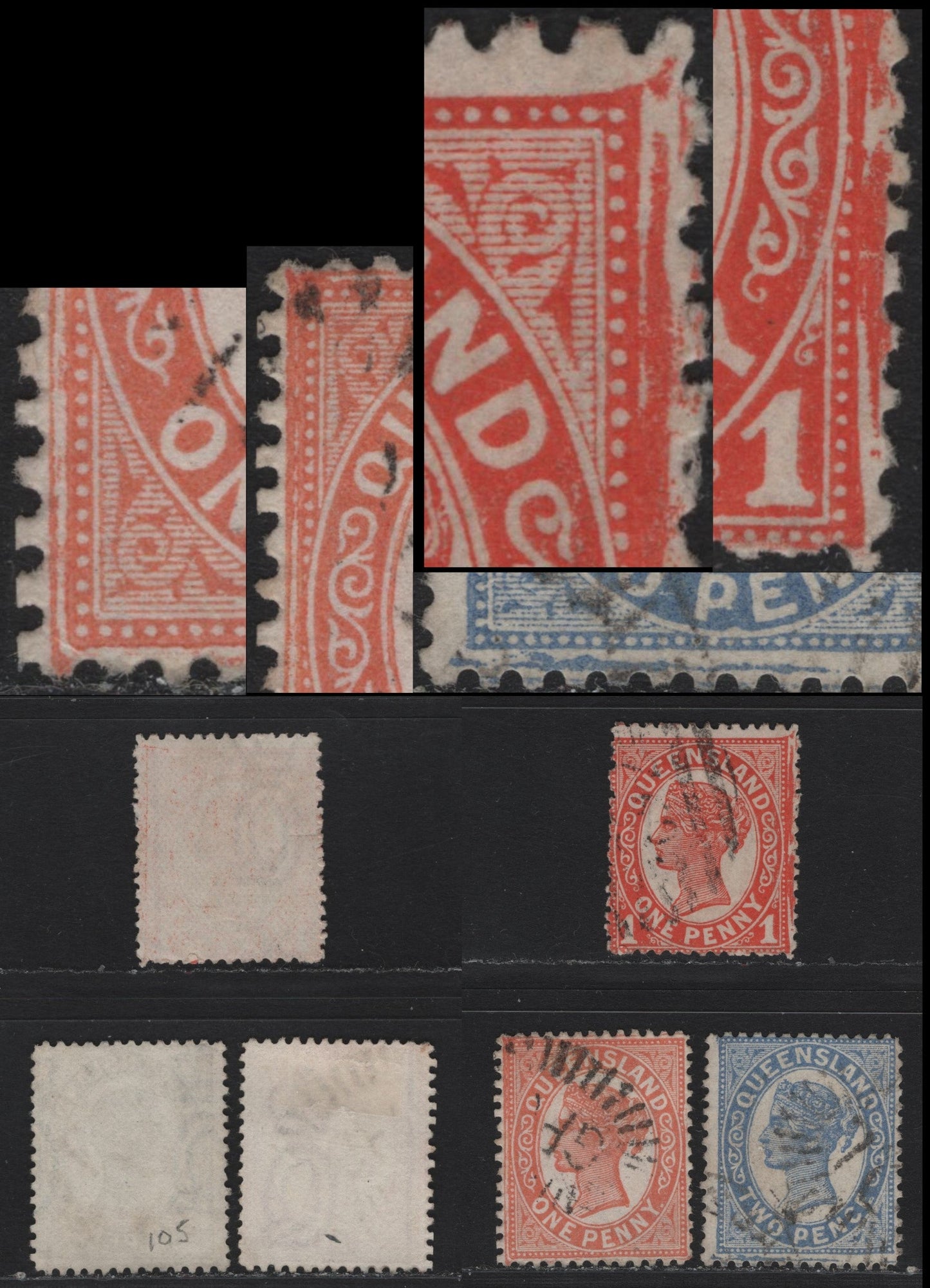 Lot 32 Australia - Queensland (C) SG#211-212, 233 1d-2d Pale Red - Blue Queen Victoria, 1895-1908 Third & Fourth Sideface Issues, 3 Fine & VF Used Singles Perf 12.5-13, All With Unlisted Extra Frameline Varieties