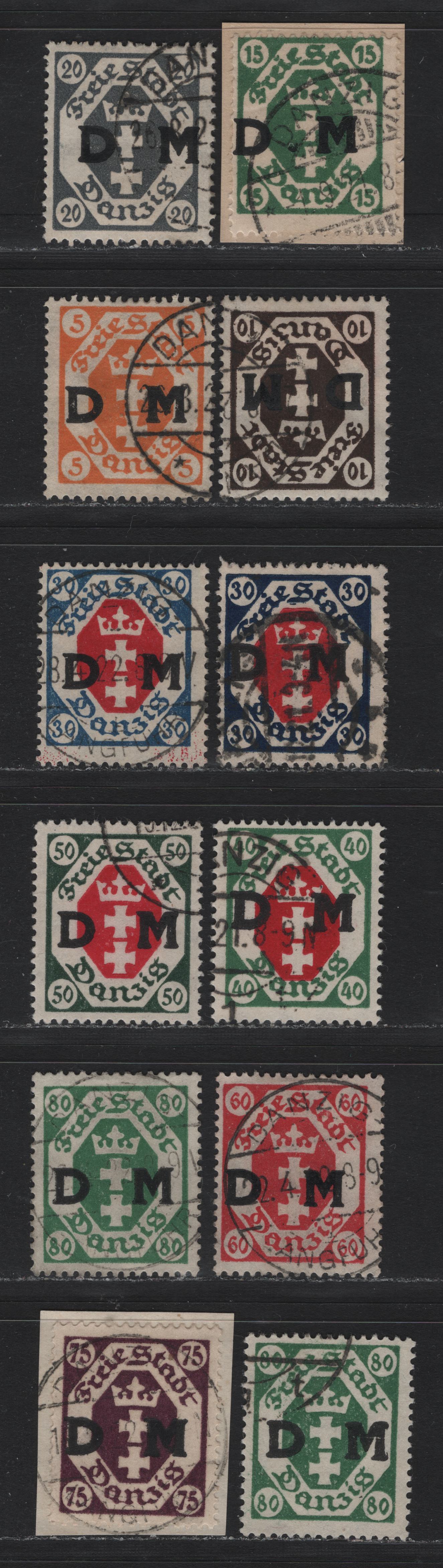 Lot 333 Danzig SC#O1/O12 (Michel #1/10) 5pf - 80pf Orange - Green Arms, 1921-1922 Official Overprints On Arms Issue, 11 Fine & VF Used Singles All CTO Cancels, Except For The Deeper Blue 30pf