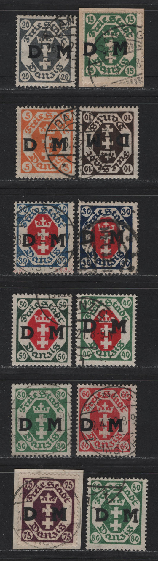 Lot 333 Danzig SC#O1/O12 (Michel #1/10) 5pf - 80pf Orange - Green Arms, 1921-1922 Official Overprints On Arms Issue, 11 Fine & VF Used Singles All CTO Cancels, Except For The Deeper Blue 30pf