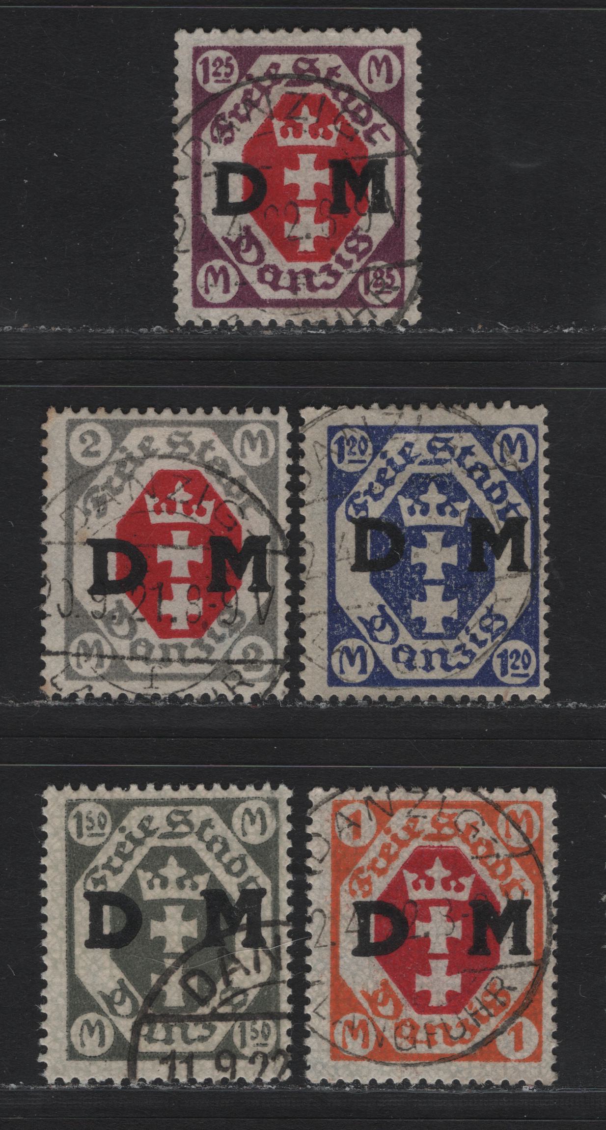 Lot 334 Danzig SC#O14-O18 (Michel #11-13, 17-22) 1m - 2m Orange & Carmine Arms, 1921-1922 Official Overprints On Arms Issue, 5 Fine & VF Used Singles All CTO Cancels