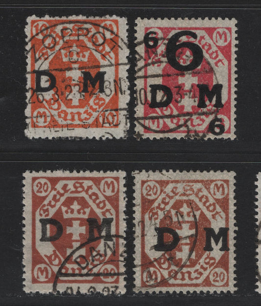 Lot 213 Danzig SC#O26-O28, O33 (Michel #25a, 27-28, 32Y) 6m on 3m - 20m Lilac Red - Orange Brown Arms, 1921-1922 Official Overprints On Arms Issue, 4 Fine Used Singles All Wmk Honeycomb, Except One 20m, Which is Webbing, All CTO Cancels