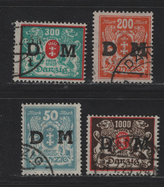 Lot 339 Danzig SC#O36, O38, O39, O41 (Michel #36, 38, 35y, 40) 50m - 1000m Pale Blue - Brown & Red Arms, 1921-1922 Official Overprints On Arms Issue, 4 Fine Used Singles Wmk Webbing, All Except 1000m Are CTO Cancels, 1000m Could Be Postal, Counted As CTO