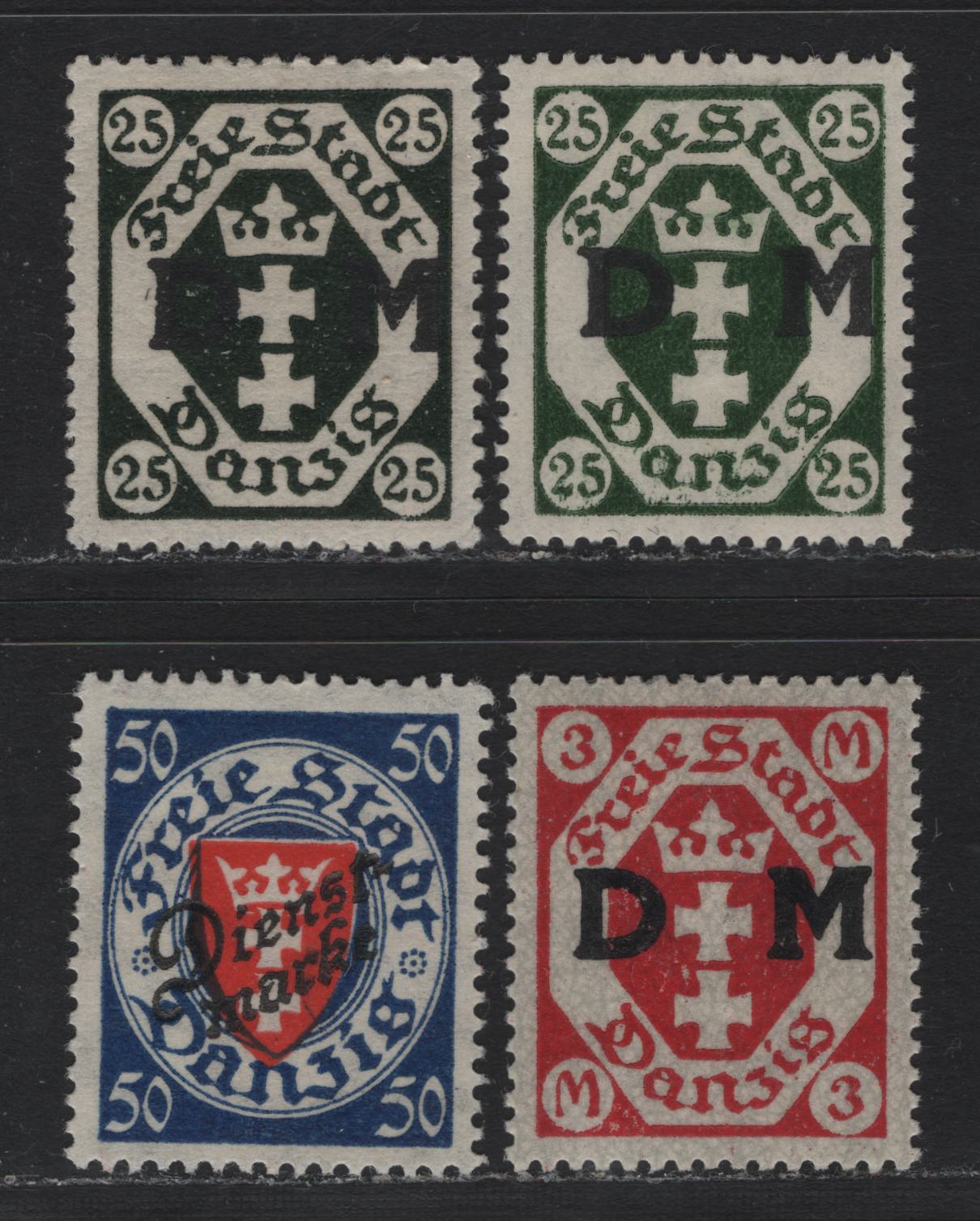 Lot 342 Danzig SC#O5, O22, O51 (Michel #5, 23a, 50) 25pf - 50pf Blackish Green - Deep Blue & Red Arms, 1921-1925 Official Overprints On Arms Issue, 4 VFOG Singles Including 2 Shades Of The 25pf