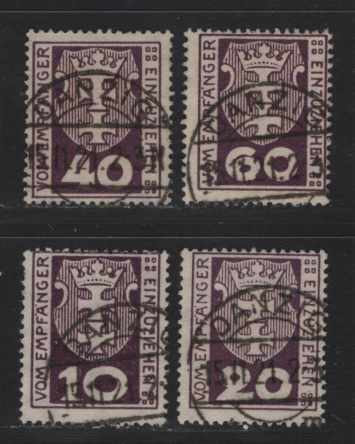 Lot 344 Danzig SC#J1-J4 (Michel 1b-4b) 10pf-60pf Dark Brown Violet Arms, 1921-1922 Postage Due Issue, 4 Fine Used Singles Expert Handstamps Designating the Cancels As Fake, Useful For Reference, Wmk Honeycomb