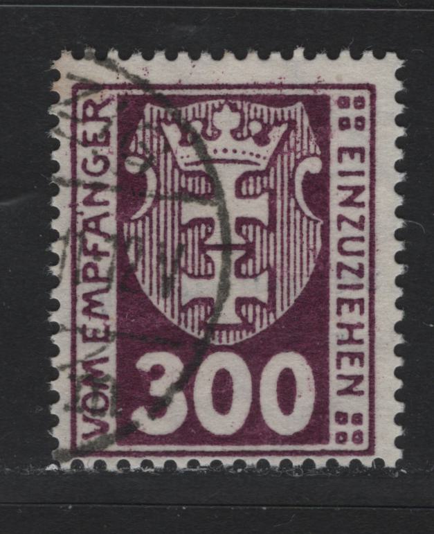 Lot 346 Danzig SC#J17 (Michel #17y) 300pf Dark Violet Purple Arms, 1923 Postage Due Issue, A Fine Used Single Expert Handstamp Designating the Cancel As Fake, Useful For Reference, Wmk Webbing