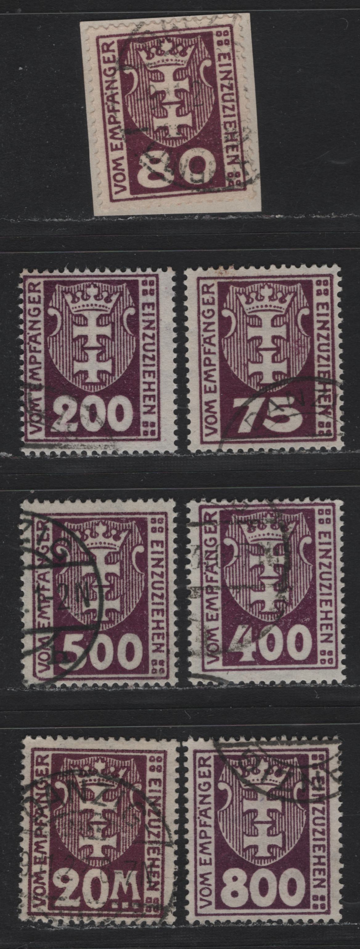 Lot 347 Danzig SC#J5-J6, J13-J14, J16, J17, J19a (Michel #5, 6a, 13b-14, 16y-17y, 18x) 75pf - 500pf Dark Violet Purple & Dark Brown Violet Arms, 1921-1923 Postage Due Issue, 7 Fine & VF Used Singles Wmk Honeycomb & Webbing, All CTO/Fake Cancels
