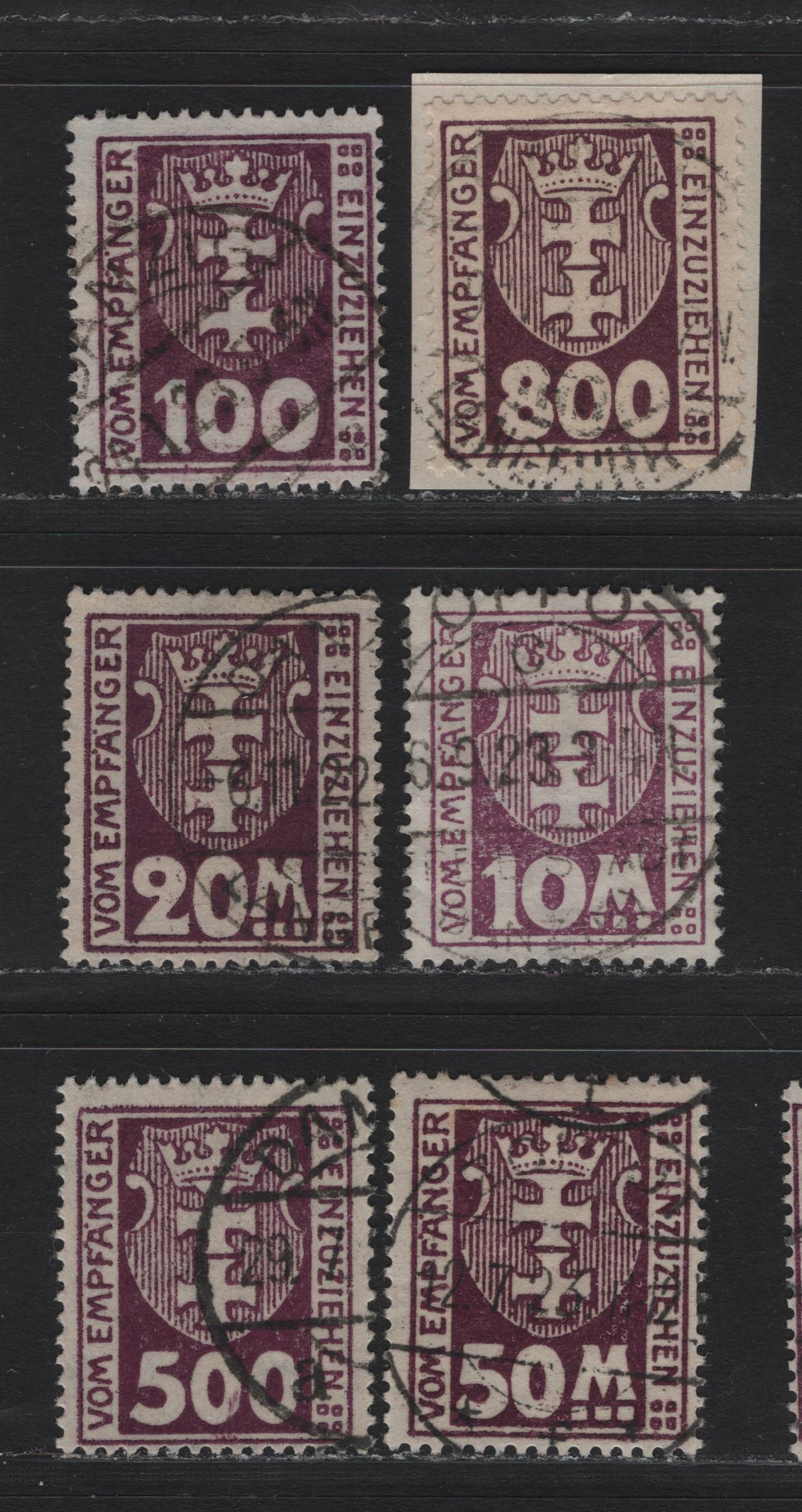 Lot 348 Danzig SC#J13-J15, J19a, J21, J23 (Michel #13b-14, 15y, 19x, 21y, 23y) 800pf - 50m Dark Brown Violet & Dark Violet Purple Arms, 1921-1923 Postage Due Issue, 6 Fine Used Singles Wmk Honeycomb & Webbing, All CTO/Fake Cancels
