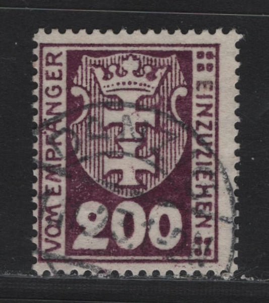 Lot 349 Danzig SC#J16 (Michel #16y) 200pf Dark Violet Purple Arms, 1923 Postage Due Issue, A Fine Used Single Expert Handstamp Designating the Cancel As Fake, Useful For Reference, Wmk Webbing