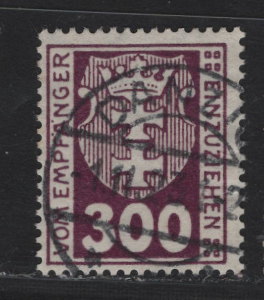 Lot 350 Danzig SC#J17 (Michel #17y) 300pf Dark Violet Purple Arms, 1923 Postage Due Issue, A Fine Used Single Expert Handstamp Designating the Cancel As Fake, Useful For Reference, Wmk Webbing