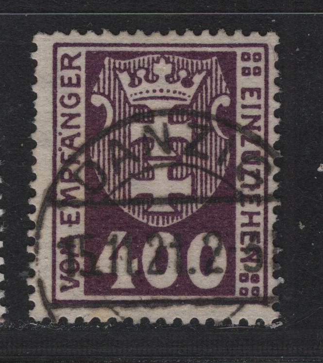 Lot 351 Danzig SC#J11 (Michel #11b) 400pf Dark Brown Violet Arms, 1921-1922 Postage Due Issue, A Fine Used Single Expert Handstamp Designating the Cancel As Fake, Useful For Reference, Wmk Webbing