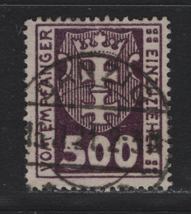 Lot 352 Danzig SC#J12 (Michel #12b) 500pf Dark Brown Violet Arms, 1921-1922 Postage Due Issue, A Fine Used Single Expert Handstamp Designating the Cancel As Fake, Useful For Reference, Wmk Webbing