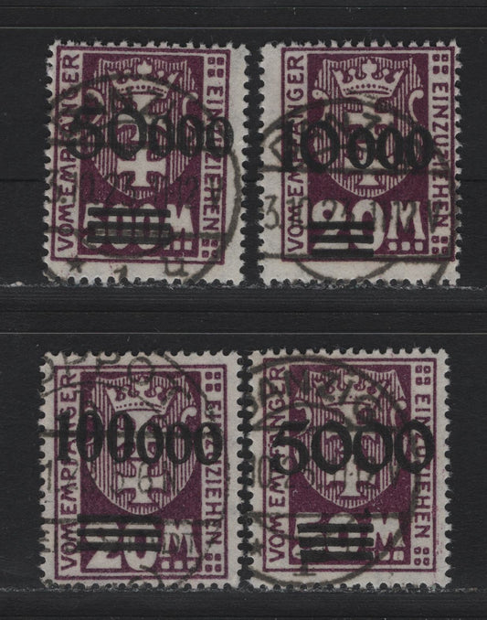 Lot 353 Danzig SC#J26-J29 (Michel #26II, 27I-28I, 29II) 5000m on 50m - 100,000 m on 20m Dark Violet Purple Arms, 1923 Postage Due Surcharges, 4 Fine & VF Used Singles Mixed Flat & Shiny Overprints, All CTO/Fake Cancels