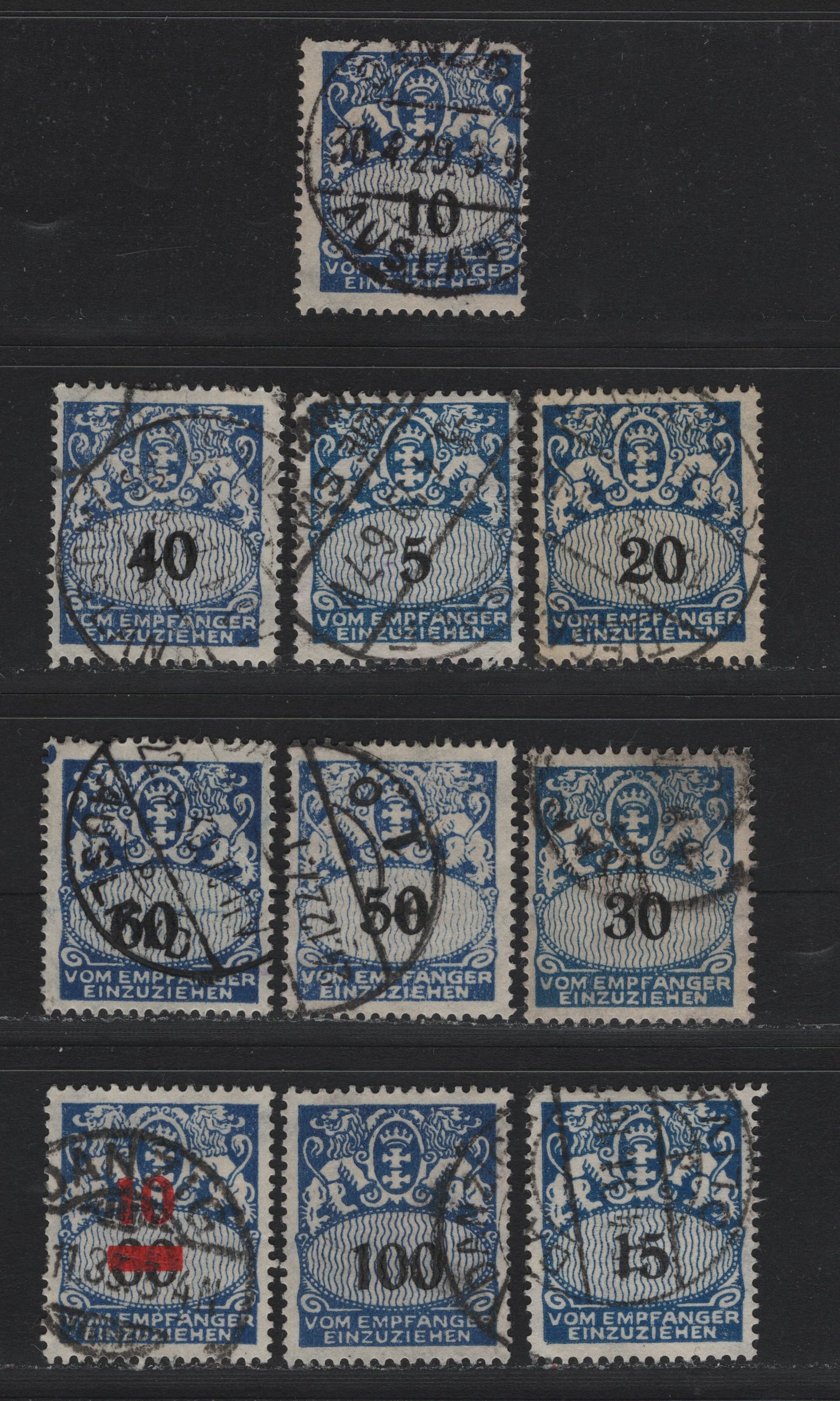 Lot 354 Danzig SC#J30-J38, J41 (Michel #30-38, 41, 43-47) 5pf - 100pf Blue & Black Arms, 1923-1928 Postage Due Issue, 10 Fine & VF Used Singles