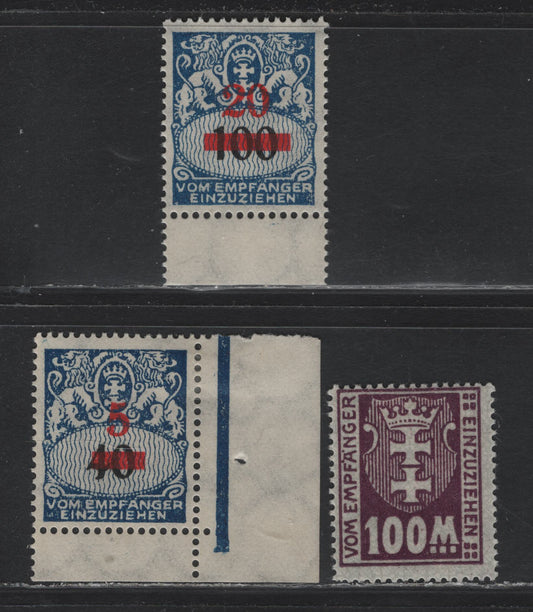 Lot 355 Danzig SC#J15, J40, J42 (Michel #15y, 40, 42) 100m - 20pf on 100 pf Dark Violet Purple - Blue, Black & Red Arms, 1923-1928 Postage Due Issue, 3 Fine & VFOG Singles 100m is Wmk Webbing