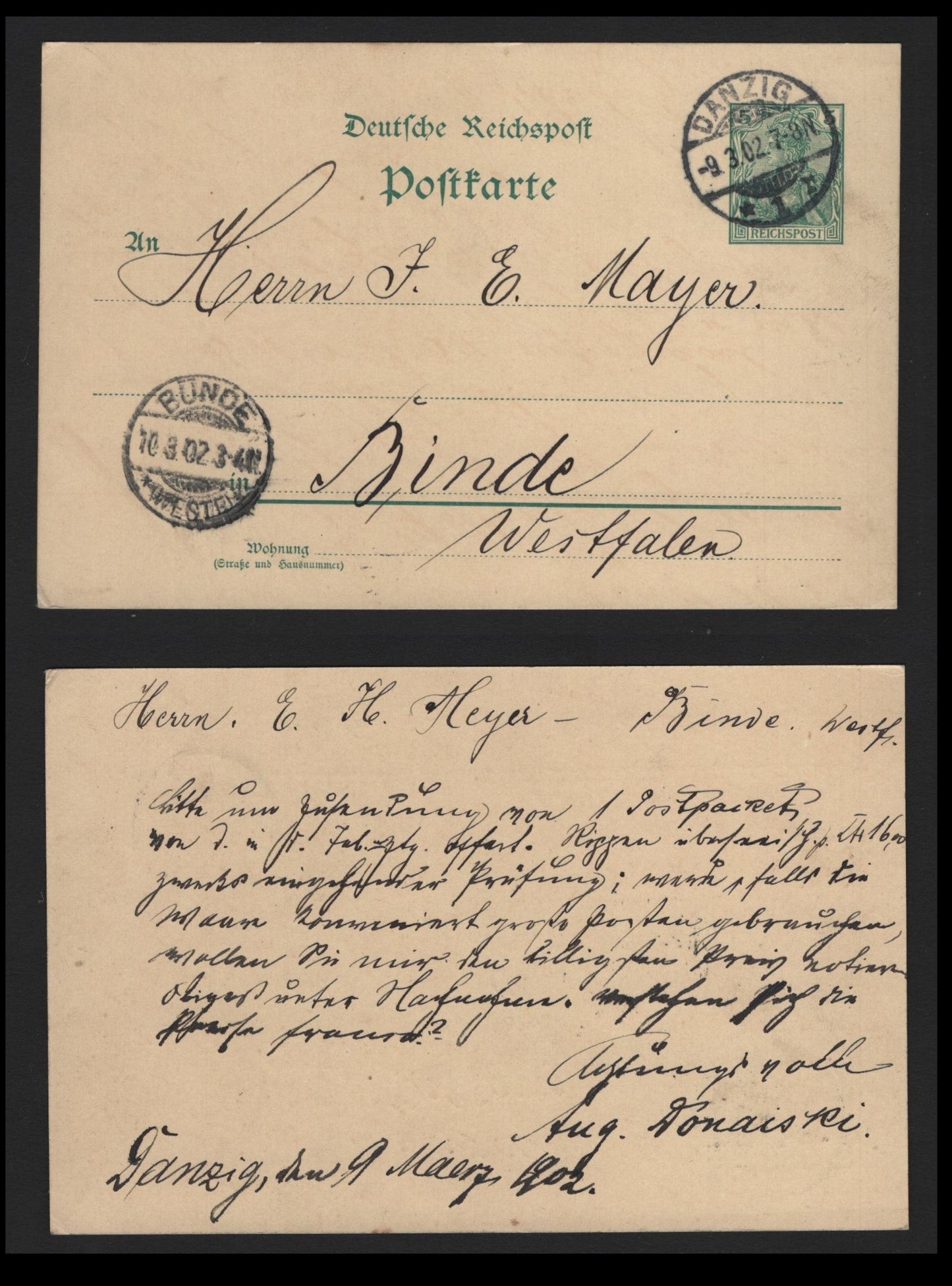 Lot 365 Germany SC# 5pf Green, A Very Fine Used Postal Stationary Card, Sent From Danzig To West Falia