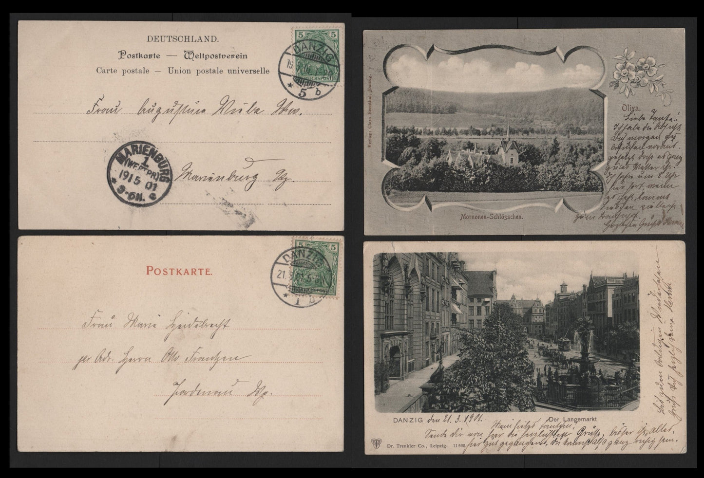 Lot 366 Germany Michel#55 5pf Green & Dark Yellowish Green, 2 Very Fine Used Postcards, Used May 1901 & August 1901, Black & White Undivided Postcards, Sent From Danzig To Germany, One Depicts Mornunen-Schlosschen & Other Is The Langemarkt.