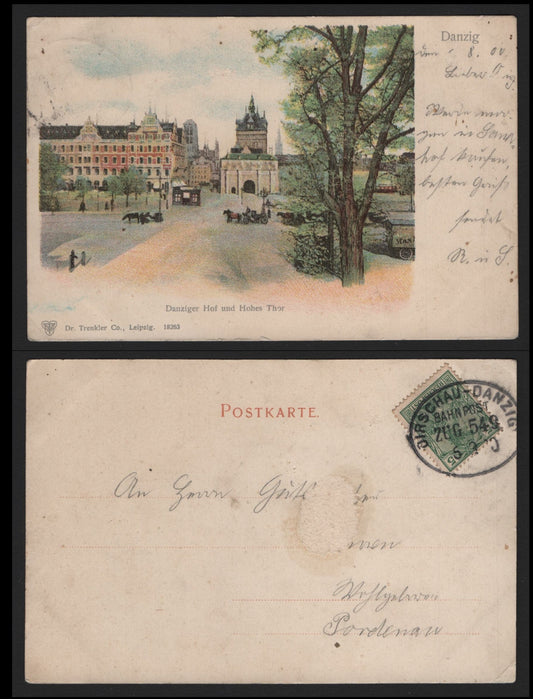 Lot 367 Germany Michel#55 5pf Dark Green, A Fine Used Undivided Back Color Postcard, From Danzig to Germany, Dated May 9 1900, Dirschau Danzig Bahnpost Cancel (Railway), Small Corner Bend At LR.