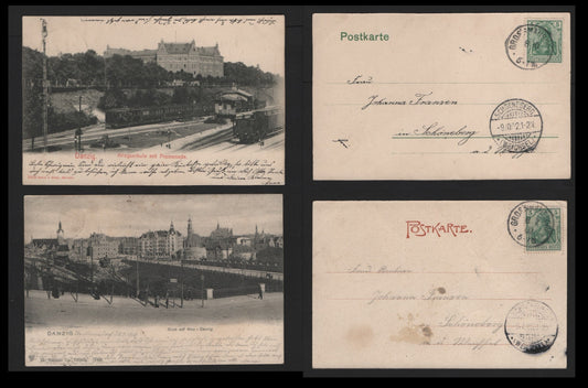 Lot 372 Germany Michel#70a-b 5pf Dark Green & Dark Opal Green, 2 Very Fine Used Black & White Postcards, Both Depicting Blickaufneu and Kriegsschule But Promenade