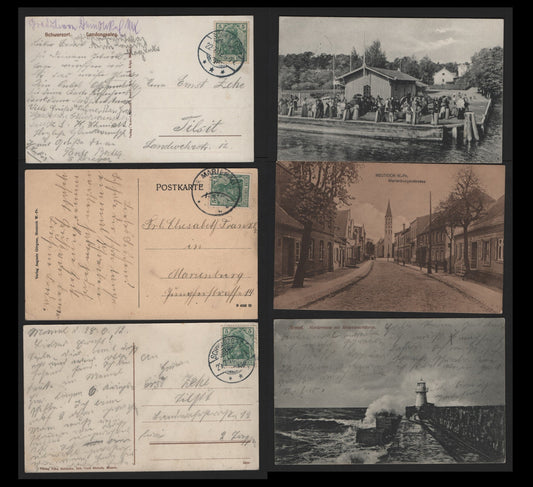 Lot 374 Germany Michel#85Ia 5pf Green, 3 Very Fine Used Black & White and Sepia Postcards, Two Are Sent To Germany & One Sent To Tilsut In Danzig, One Depicts Memel, Another Neuteich And The Final Is The Docks At Landungssteg