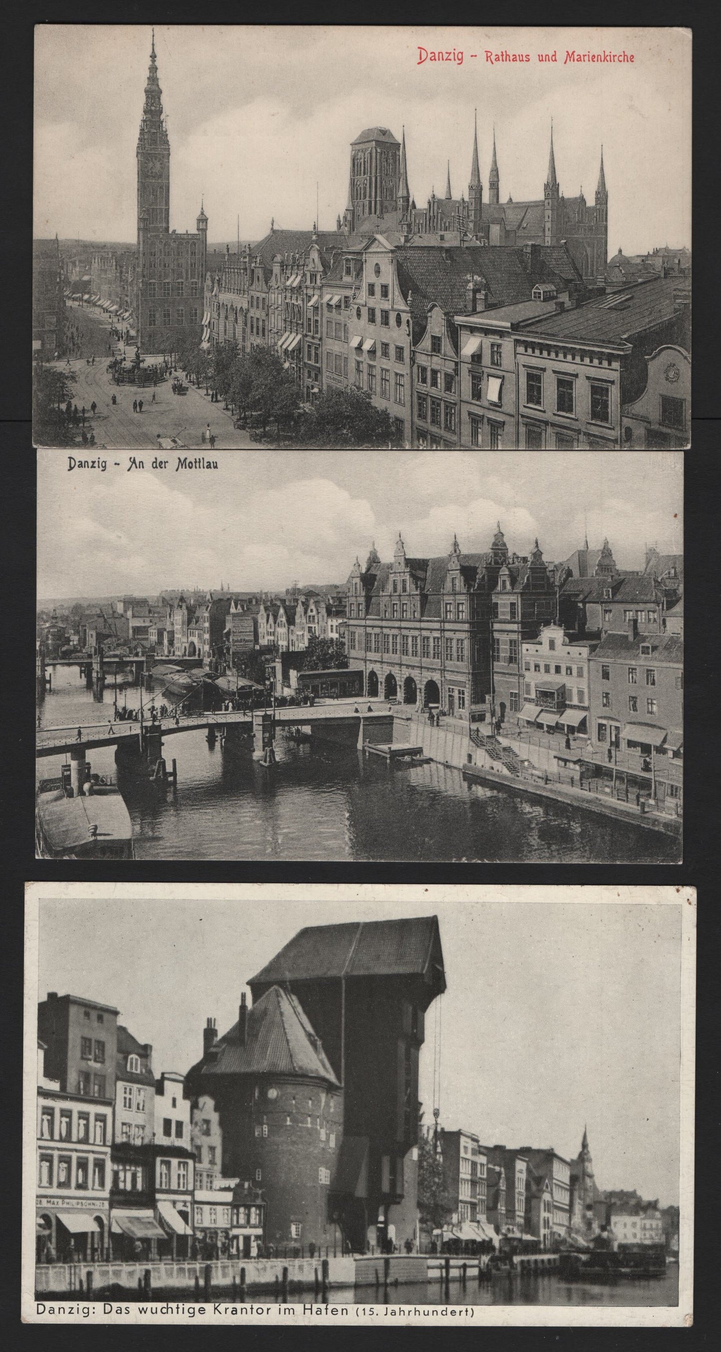 Lot 384 Danzig SC, 3 Very Fine Used Black & White Postcards, Showing Water Crane, Ander Mottlau & Rathaus & Marienkirche