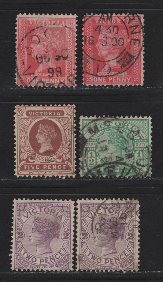 Lot 39 Australia - Victoria (C) SG#356b, 357a, 359, 364 1/2d-5d Emerald-Red-Brown Queen Victoria, 1899-1901 Stamp Duty Issue, 6 VG, Fine & VF Used, Small Internal Crease On 1/2d Pink Singles Wmk V Over Round Jeweled Crown, Upright on 1/2d