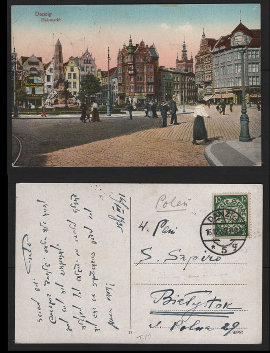 Lot 390 Danzig SC#173 10pf Green, 1925 , A Very Fine Used Color Postcard, Franked By Booklet Single, Postcard Depicts Holzmarlat In Danzig, Sent To Poland.