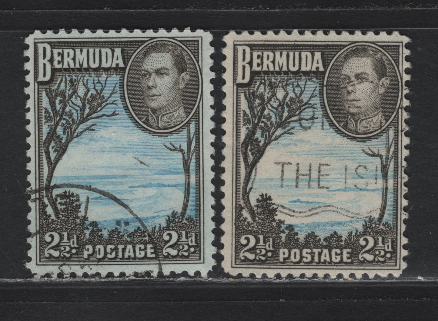 Lot 394 Bermuda SG#113a, 113b 2.5d Light Blue & Olive Black - Pale Blue & Olive Sepia , 1936-1952 KGVI Pictorial Issue, 2 Fine/Very Fine Used Singles, 1941 & '43 Printings, Line Perforated, Opaque/Translucent Papers With Barely Visible/Clear Wmks
