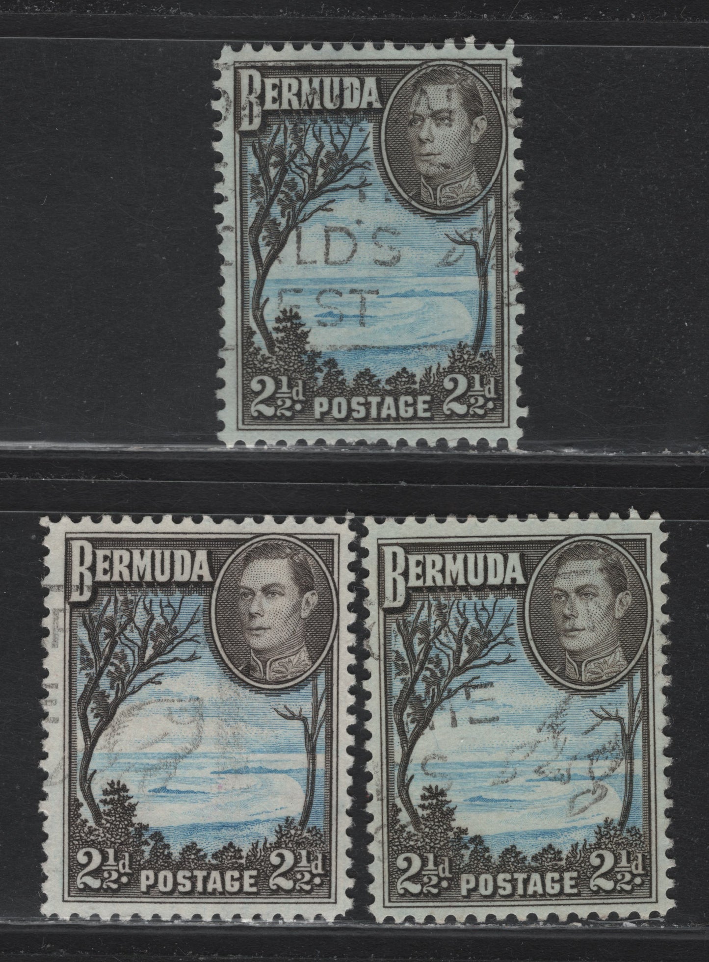 Lot 395 Bermuda SG#113 2.5d Pale Blue & Deep Sepia - Pale Bright Blue & Olive Sepia , 1936-1952 KGVI Pictorial Issue, 3 Fine/Very Fine Used Singles, 1941 & 1950-51 Printings, Different Perfs & Papers