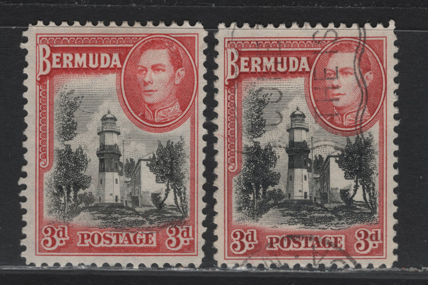 Lot 396 Bermuda SG#114 3d Black & Deep Scarlet Vermillion -Black & Rose Vermillion , 1936-1952 KGVI Pictorial Issue, 2 Fine/Very Fine Used Singles, 1938 & 1940 Printings, Opaque Papers With Clear & Barely Visible Wmks