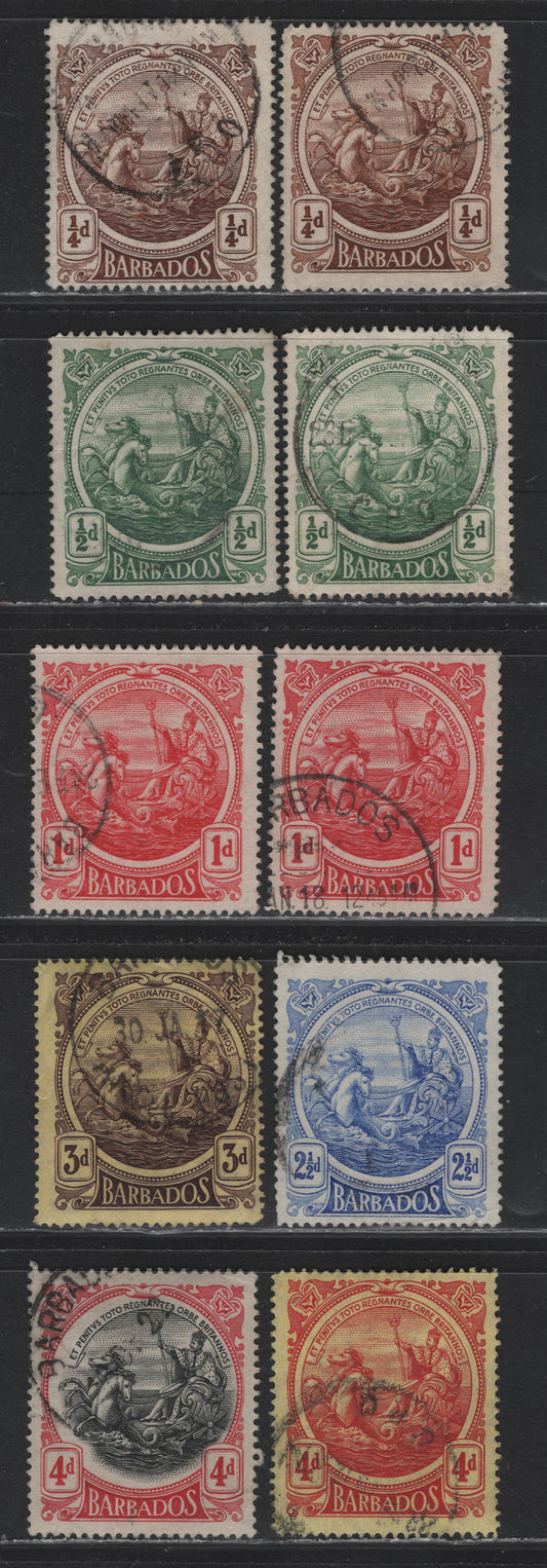 Lot 3A Barbados (C) SG#181, 181b, 182-a, 183, 186-187, 199 1/4d - 4d Deep Brown - Black & Red , 1916-1920 Large Badge of the Colony Design, 10 Fine/Very Fine Used Singles, All Line Perf Except A Second Example of 1d, Which Is Comb Perf