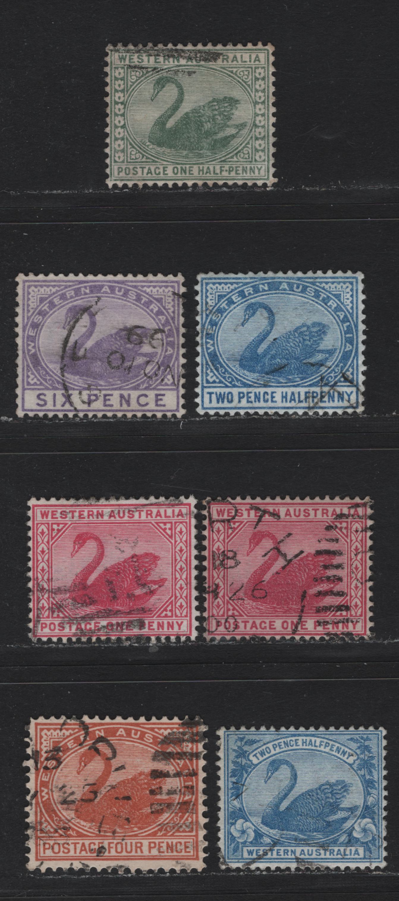 Lot 43 Australia - Western Australia (C) SG#94a, 97a, 100, 112, 114, 119 1/2d-6d Green - Violet Swan, 1885-1911 Swan Keyplates , 7 Fine & VF Used Singles Wmk Crown CA, W Crown A & V Over Crown, Perf 14 & 12.5 x 12, Vertical Crease On 1st 2.5d