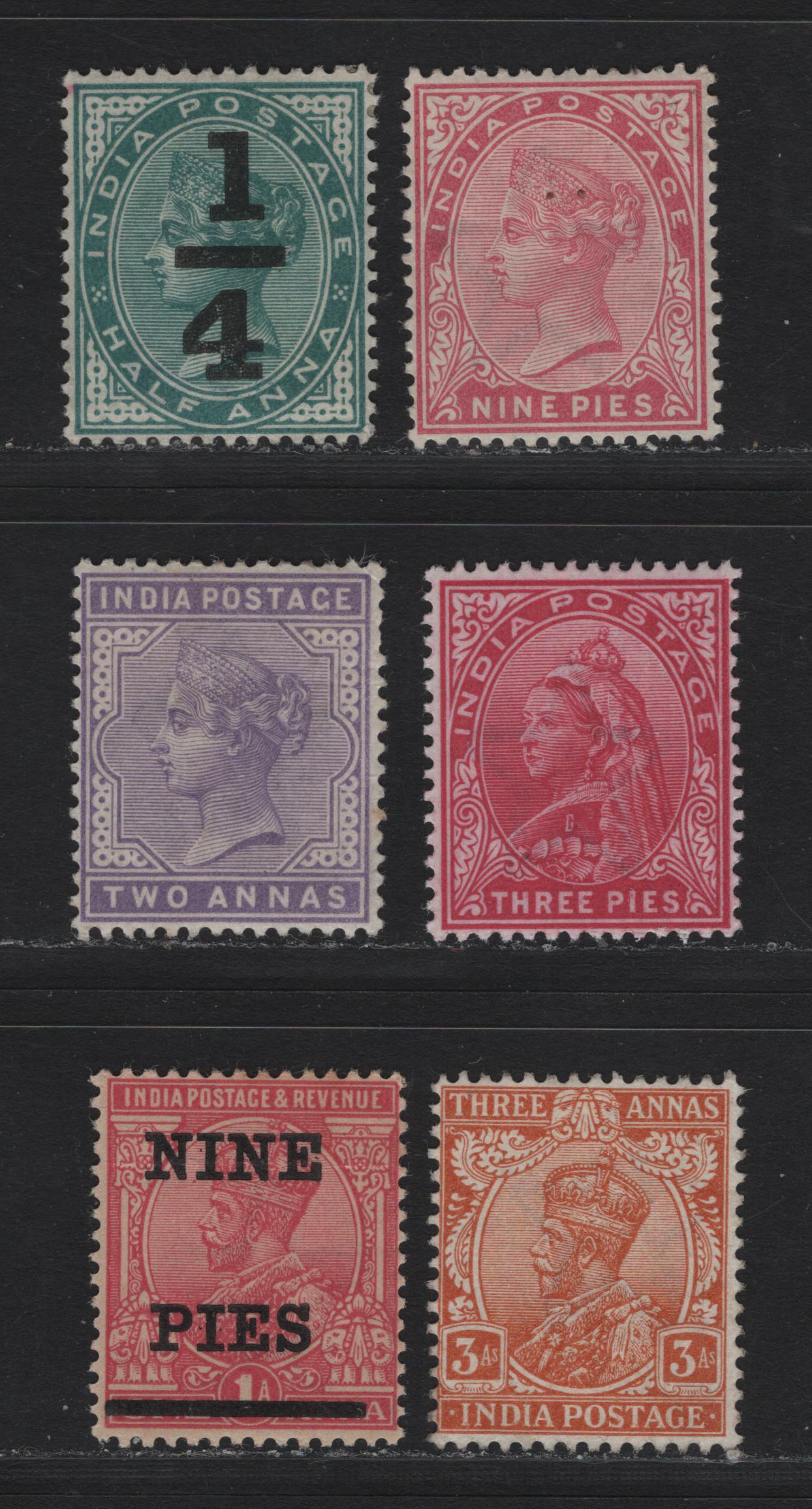 Lot 44 India (C) SG#86, 110-111, 116, 173, 192 9p-3a Rose-Dull Orange Queen Victoria - King George V, 1882-1902 Keyplates - 1911-1921 Keyplates, 6 Fine & VFOG Singles Wmk Large Star, Small Corner Crease On 2a